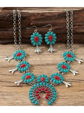 NWT Turquoise Coral Mosaic Squash Blossom Necklace Earring Western Set